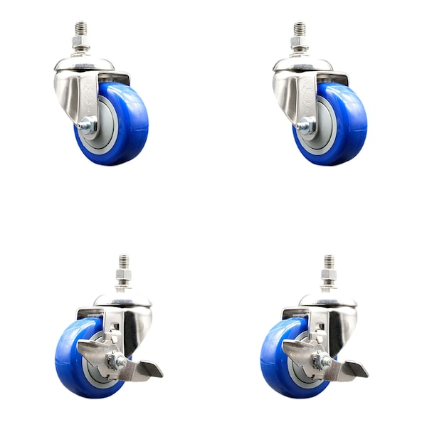 Service Caster 3.5 Inch 316SS Blue Polyurethane Swivel 1/2 Inch Threaded Stem Caster Brake, 2PK SS316TS20S3514-PPUBBLUE-121315-2TLB2 - main